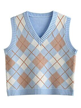 Women's Preppy Sleeveless Knit Sweater Vest, Y2K Argyle Crop Tank Top, Retro